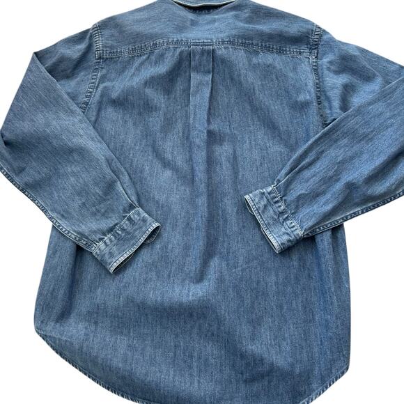 Vintage 90s Lands' End Christmas Americana Embroidered Patchwork  Denim Shirt M - Picture 2 of 7
